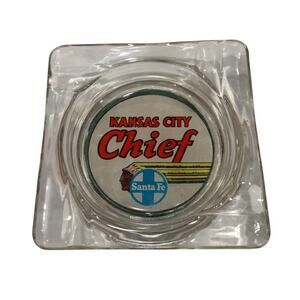 RARE Vintage Marketing Glass Ashtray Santa Fe Railroad Kansas City Indian Chief